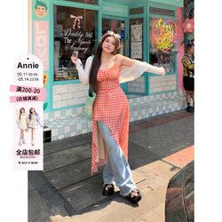 Anne is not hot, irregular waist red plaid skirt female 2024 early spring new slightly fat big size dress