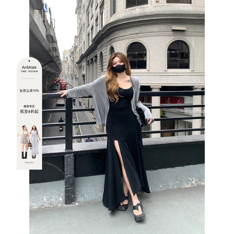 Annie's Not Popular, Slit Fishtail Spaghetti Strap Dress for Women, Waist-Cinching, 2024 Summer New Style, Slightly Plus-Size, Slimming Dress
