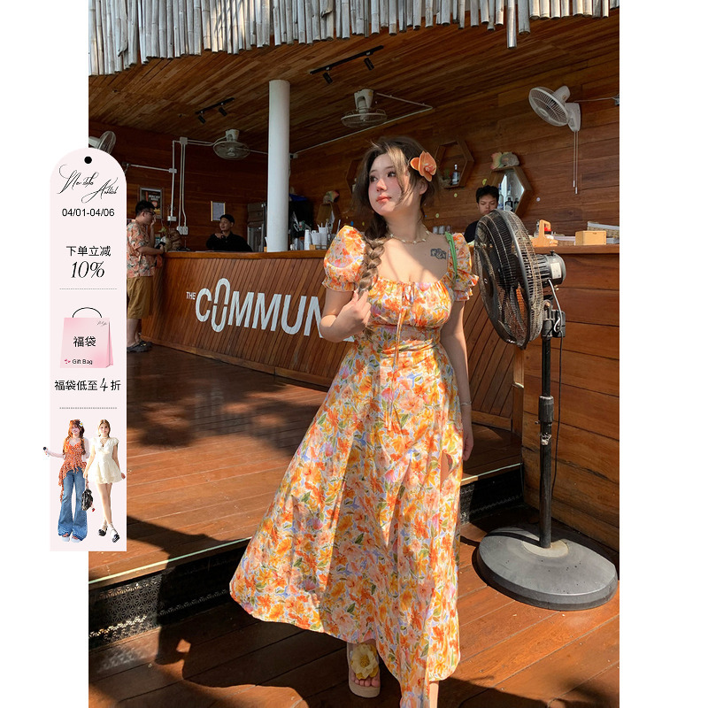 Annie's Popular Beach Vacation Pure Cotton Floral Long Dress for Women, 2026 Spring and Summer New Style, Slightly Plus Size, Waist-Cinching Dress