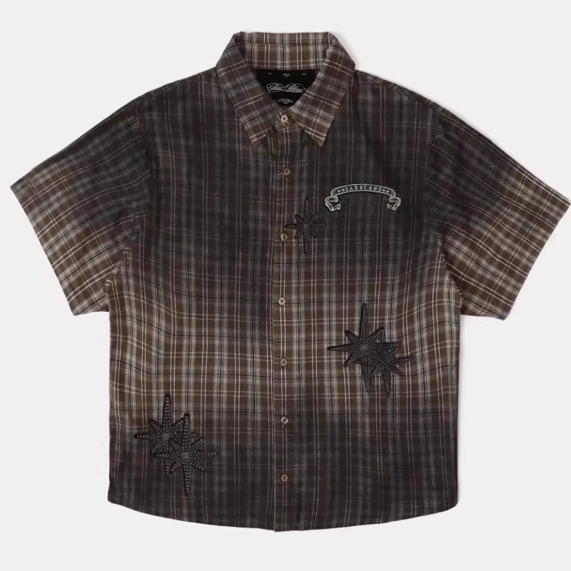 Badblood American Retro Plaid Distressed Shirt Sexy Preppy Style Casual Tie-Dye Short Short-Sleeved Top Summer