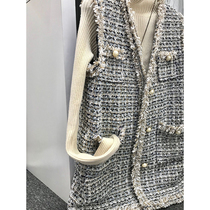 Tweed small fragrant wind vest coat female Korean V-neck sleeveless jacket fashion waistcoat vest large size vest woman