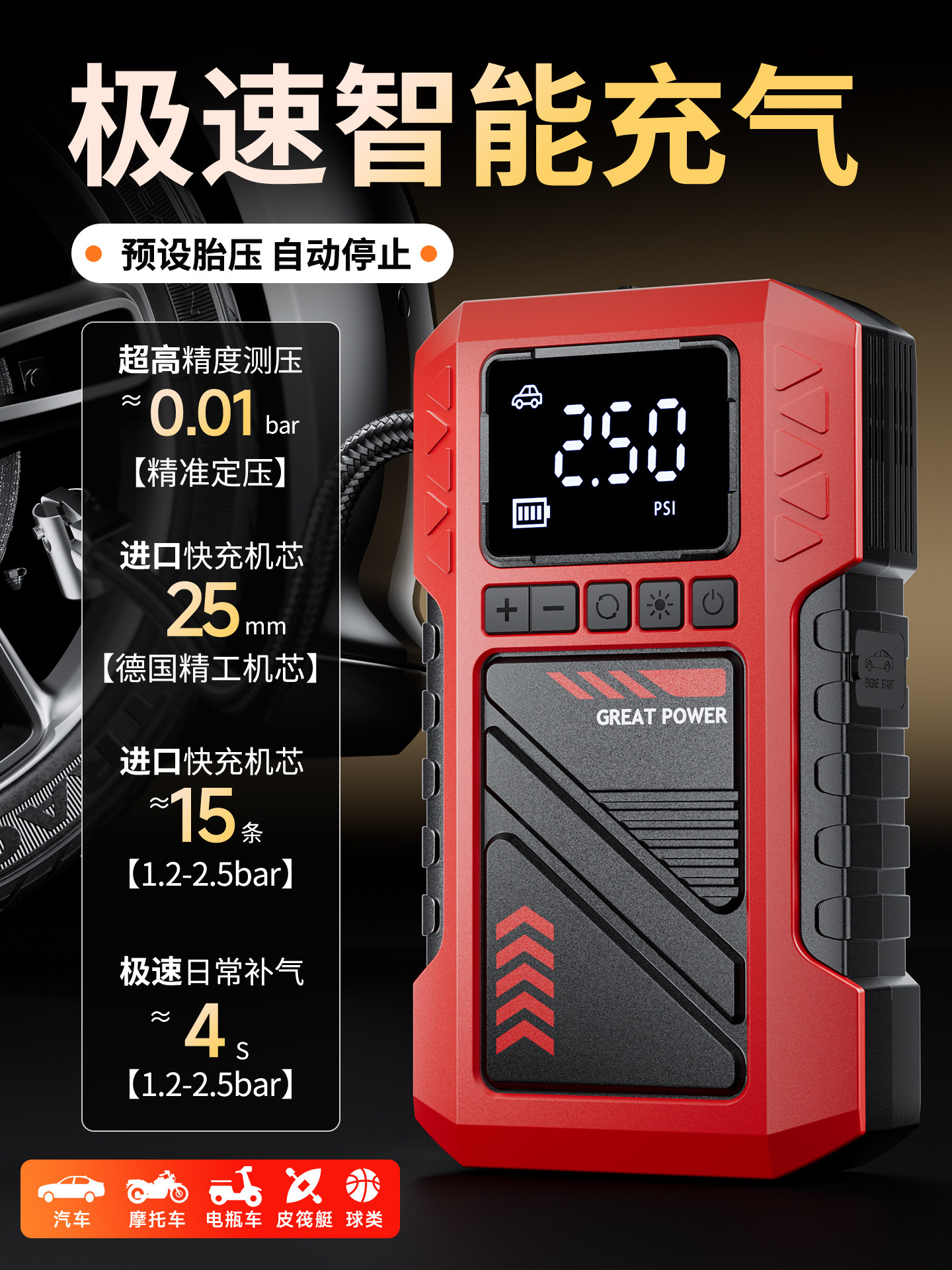 Car Air Pump, Electric Tire Inflator, Car Emergency Jump Starter, Battery Booster, Ignition Tool