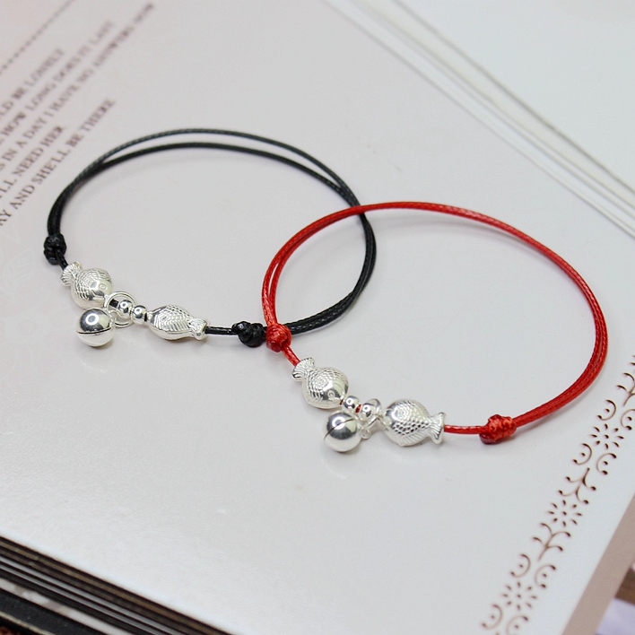2021 new foot chain water sound bell and sound male and female couple a pair of pure silver kissing fish minimalist Han version waxed handmade