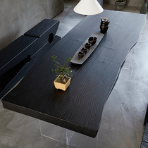 Wabi-sabi carbonized black solid wood dining table homestay log large board table acrylic suspended tea wooden table workbench