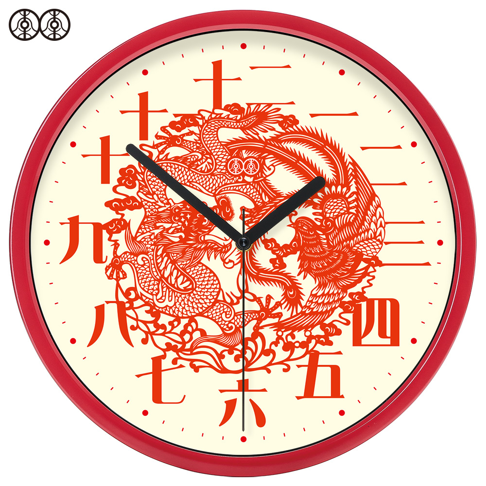 0 Li Li art wall clock Wall clock Wedding celebration Dragon Phoenix classical solid wood original living room mute quartz clock