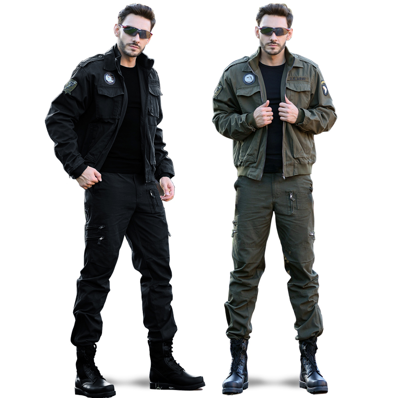 Military field outdoor casual camouflage suit men's overalls cotton double collar cargo jacket military fan mountaineering suit set