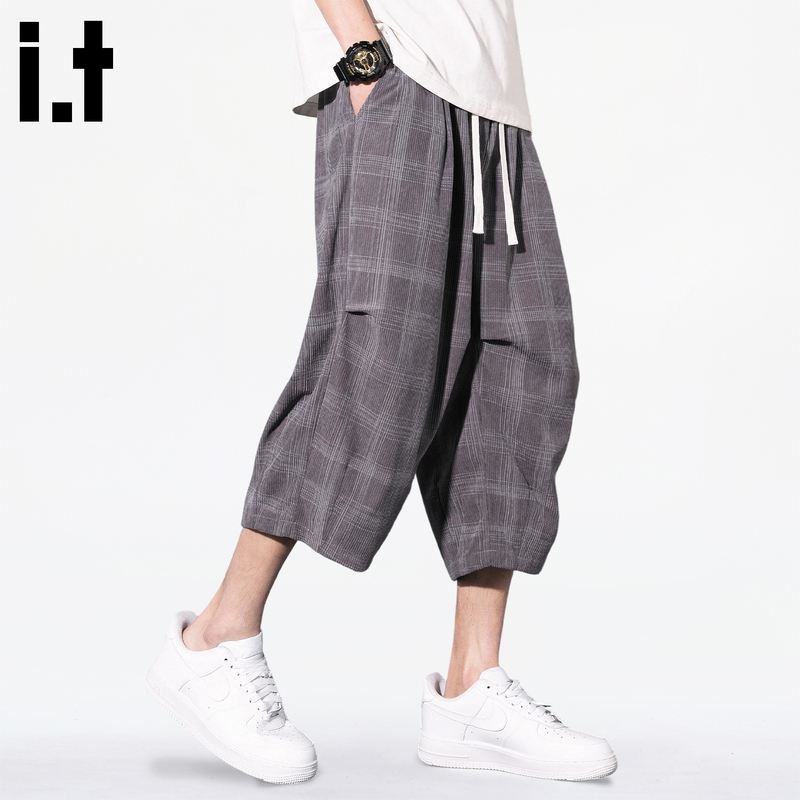It: Chocoolate American-Style Plaid Cropped Casual Pants for Men, Summer Thin Loose Straight-Leg Ice Silk Mid-Length Pants