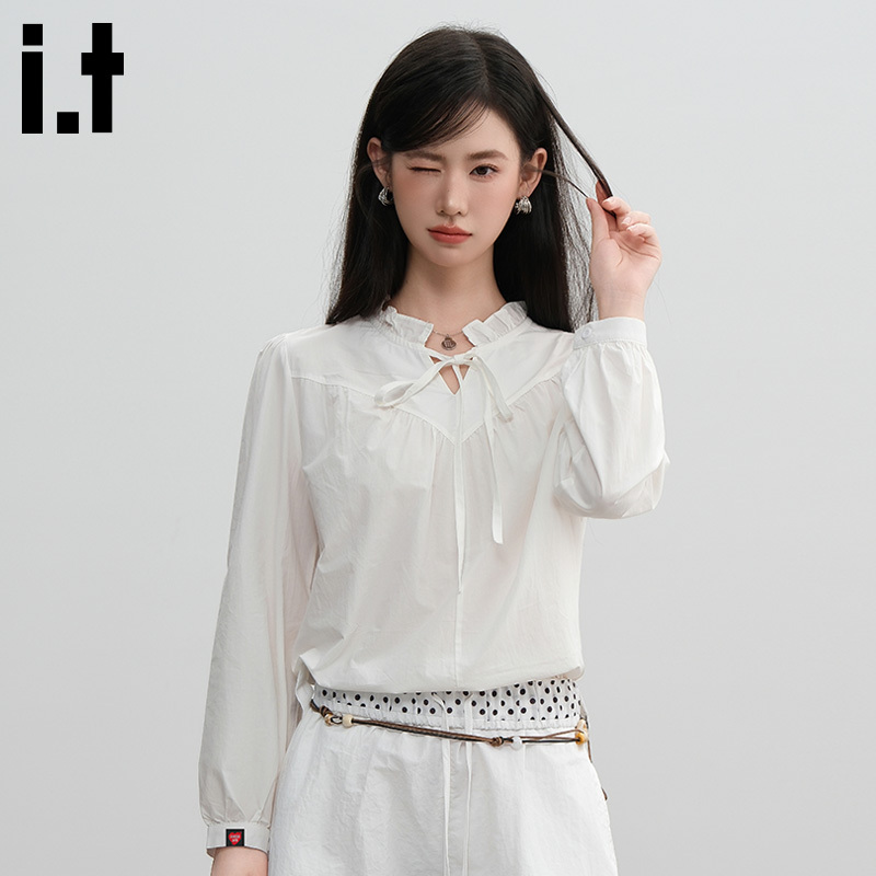 Chocoolate French-Style Gentle White Long-Sleeve Shirt for Women with Ruffled Edges and Tie Design Chocoolate French-Style Gentle White Long-Sleeve Shirt for Women with Ruffled Edges and Tie Design