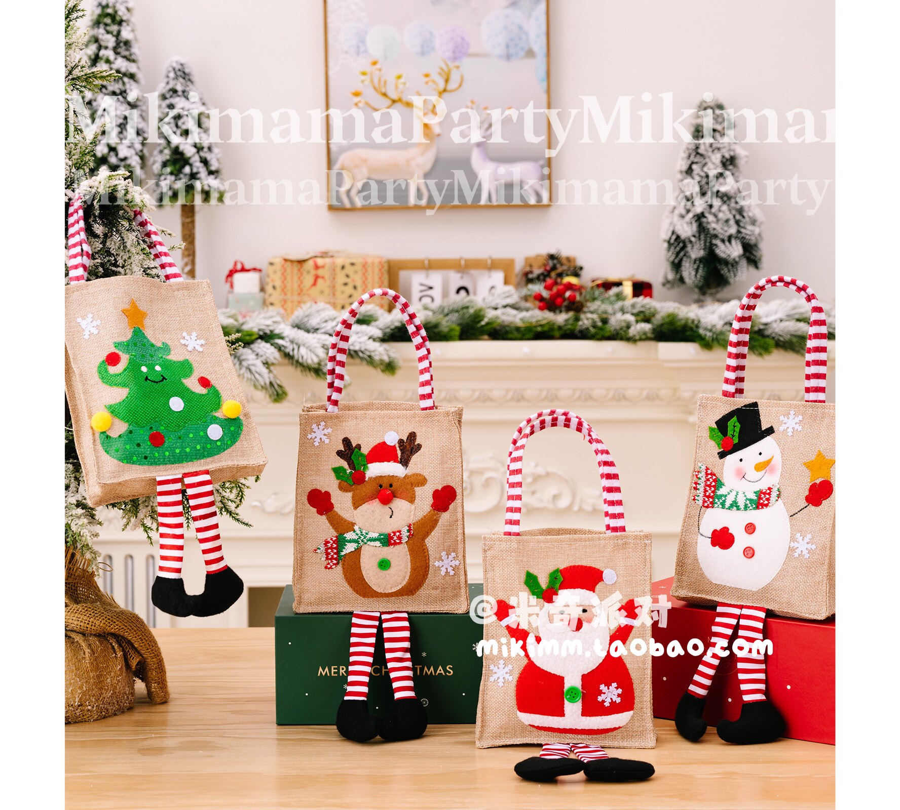 Cross-border New Christmas Decorations Cartoon Printing Hanging Striped Legs Tote Bag Festive Children Gift Gift Bag