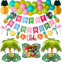 Balloon Hawaiian Set Flamingo Turtle Leaf Pineapple Coconut Tree Pull Flag Banner Hawaiian Balloon Party Decoration