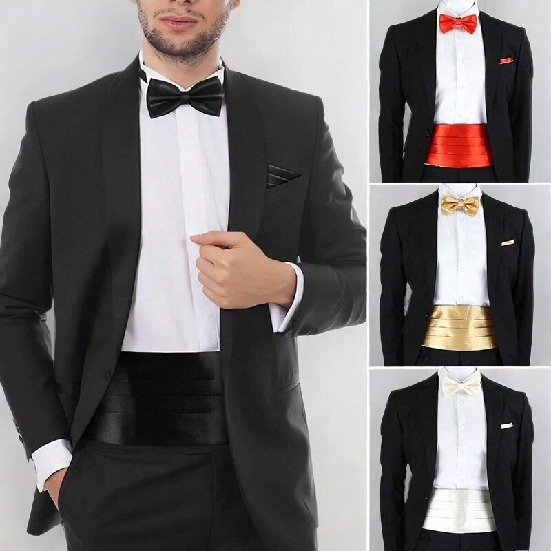 Men's Suit Formal Dress Tuxedo Waistband Bow Tie Square Scarf Wedding Performance Banquet Belt Accessory Set
