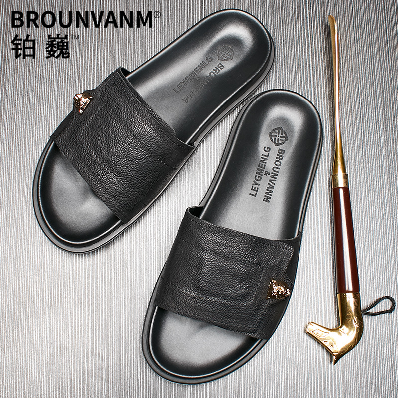 Men's Outdoor Slippers, Non-Slip, Anti-Odor, Summer Outdoor Wear, Trendy Brand Genuine Leather Beach Shoes, Slip-On Slippers, Driver's Sandals