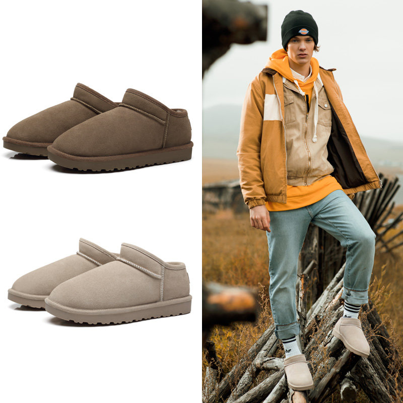 Waterproof snow boots men's sheepskin and fur one winter short boots tide plus velvet warm couple cotton shoes thick bread shoes