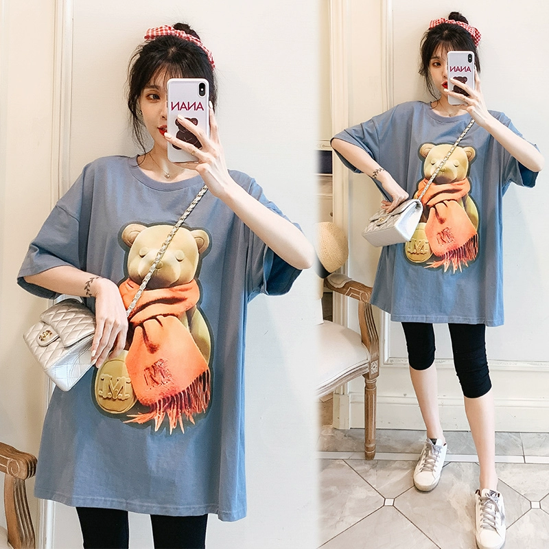 Phụ nữ mang thai t-shirt ngắn tay mùa hè của phụ nữ phong cách phương tây chiều dài trung bình lớn kích thước rộng rãi thời trang mang thai từ bi phụ nữ mang thai váy - Áo thai sản