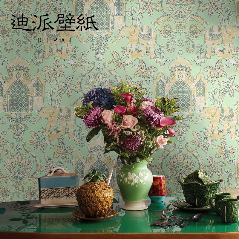Southeast Asia Tropical Rainforest Green Yellow Wallpaper Tai Elephant Wallpaper Background Wall Dining Room Themed Hotel Gold