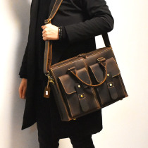 Crazy horse leather retro genuine leather handbag mens bag 14-inch computer bag British style handmade shoulder crossbody bag briefcase