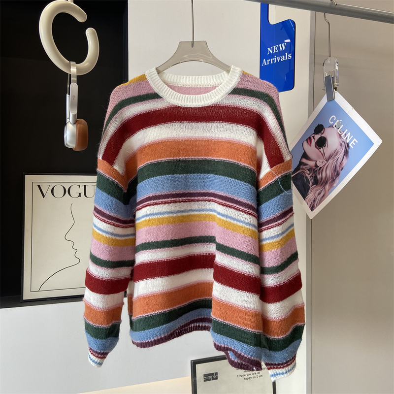 Factory Orders! Spring Dopamine Fashion Stylish Youthful Colorful Mohair Pullover Striped Knit Top