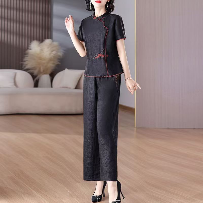 Hueq Light Luxury Fashion Xiangyun Silk Suit Summer New Style Chinese Style Embroidery Mulberry Silk High-Waisted Straight Pants Two-Piece Set Hueq Light Luxury Fashion Xiangyun Silk Suit Summer New Style Chinese Style Embroidery Mulberry Silk High-Waisted Straight Pants Two-Piece Set