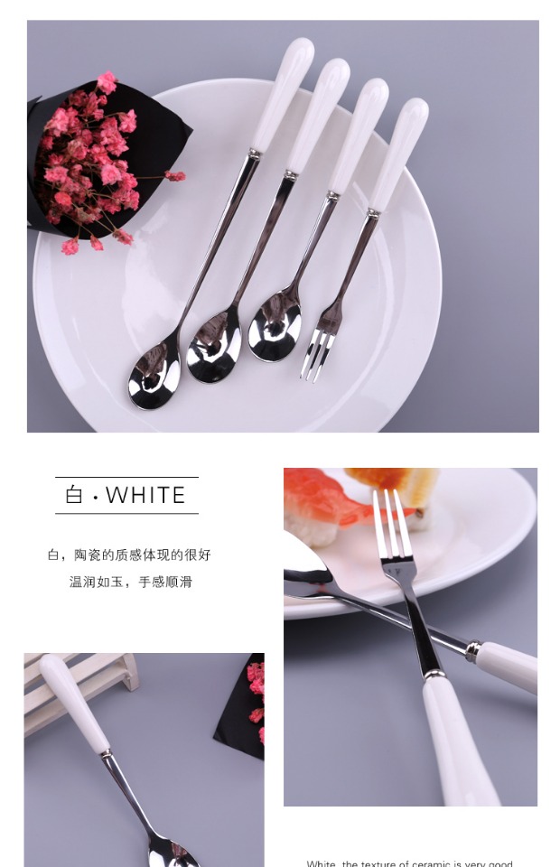 Tay cầm đơn giản bằng gốm đen trắng bằng thép không gỉ khuấy thìa muỗng cà phê Tinh chỉnh Ice muỗng Sáng tạo tay cầm dài - Cà phê phin pha cafe