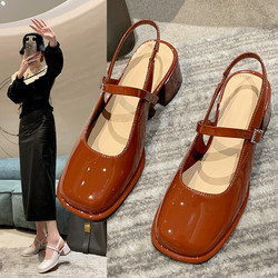 Retro Mary Jane shoes 2024 spring new square toe buckle patent leather thick heel shoes women's mid-heeled back sandals