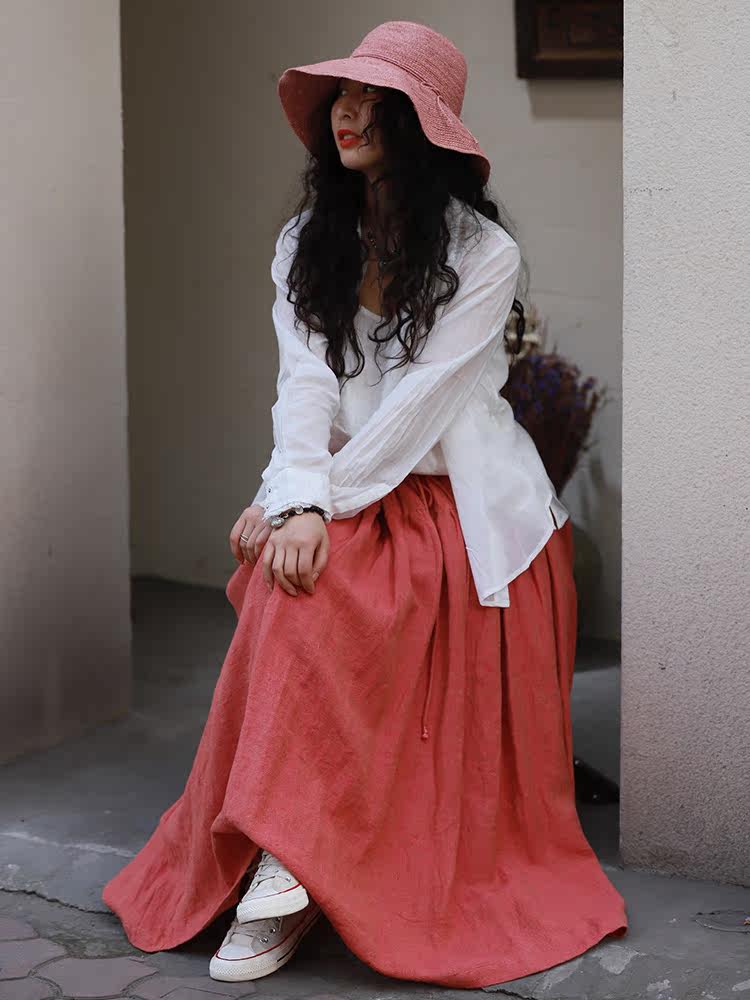 2021 new spring and autumn half body dress cotton numb retro art Wind skirt 100 lap tightness waist and half skirt woman