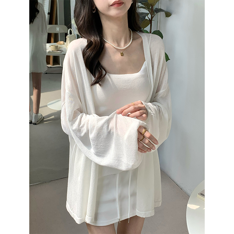 White Linen Sun-Protective Knit Cardigan for Women, Summer High-End Loose and Casual Long-Sleeve Air-Conditioning Shirt, Thin Jacket Top