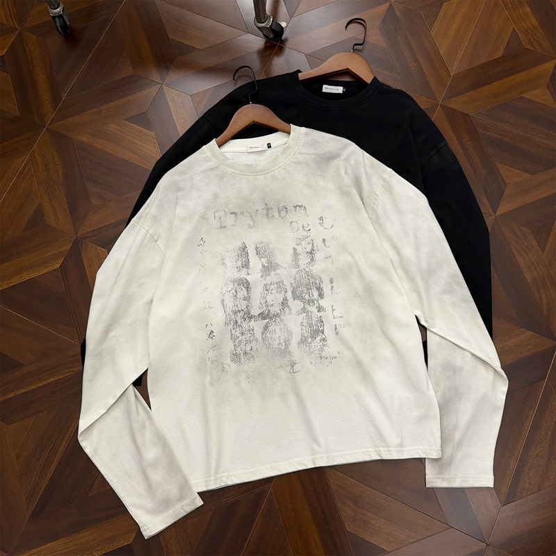 Curpopp Light Spray Dirty Print Long-Sleeve T-Shirt for Men, Washed and Distressed, Pure Cotton, High Street Style Base Shirt Top Curpopp Light Spray Dirty Print Long-Sleeve T-Shirt for Men, Washed and Distressed, Pure Cotton, High Street Style Base Shirt Top