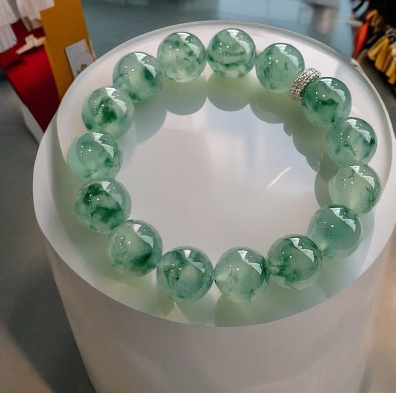 Ice Jadeite Bracelet with Floating Flowers, Genuine Natural Burmese A-Grade Ice Transparent Glass Type Floating Flower Round Bead Bracelet Jade Beads Ice Jadeite Bracelet with Floating Flowers, Genuine Natural Burmese A-Grade Ice Transparent Glass Type Floating Flower Round Bead Bracelet Jade Beads