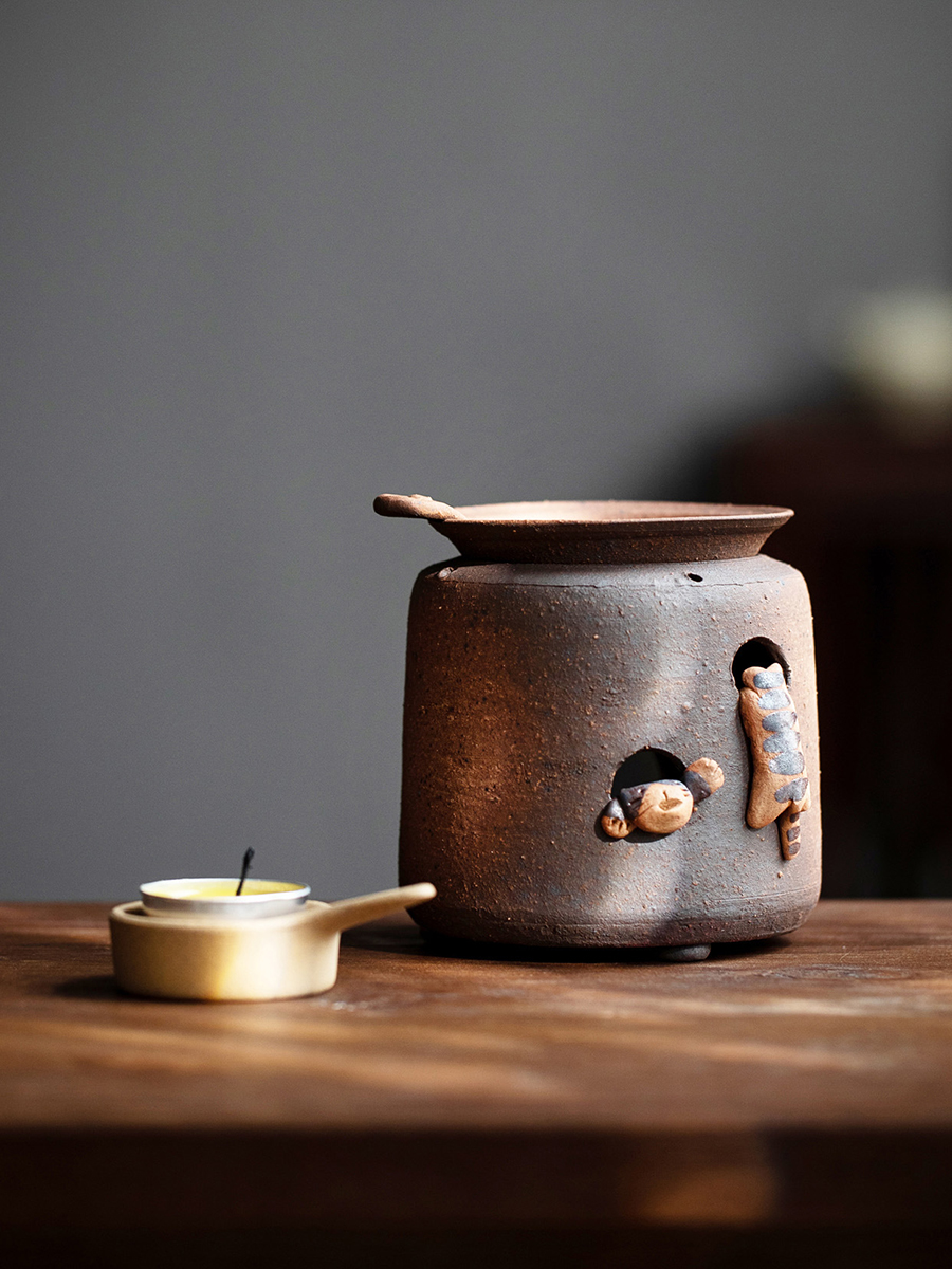 Japan imported Tokoname burning crude pottery climbing cat roasting tea furnace baking tea incense furnace Tixiang Japanese tea ceremony aromatherapy furnace