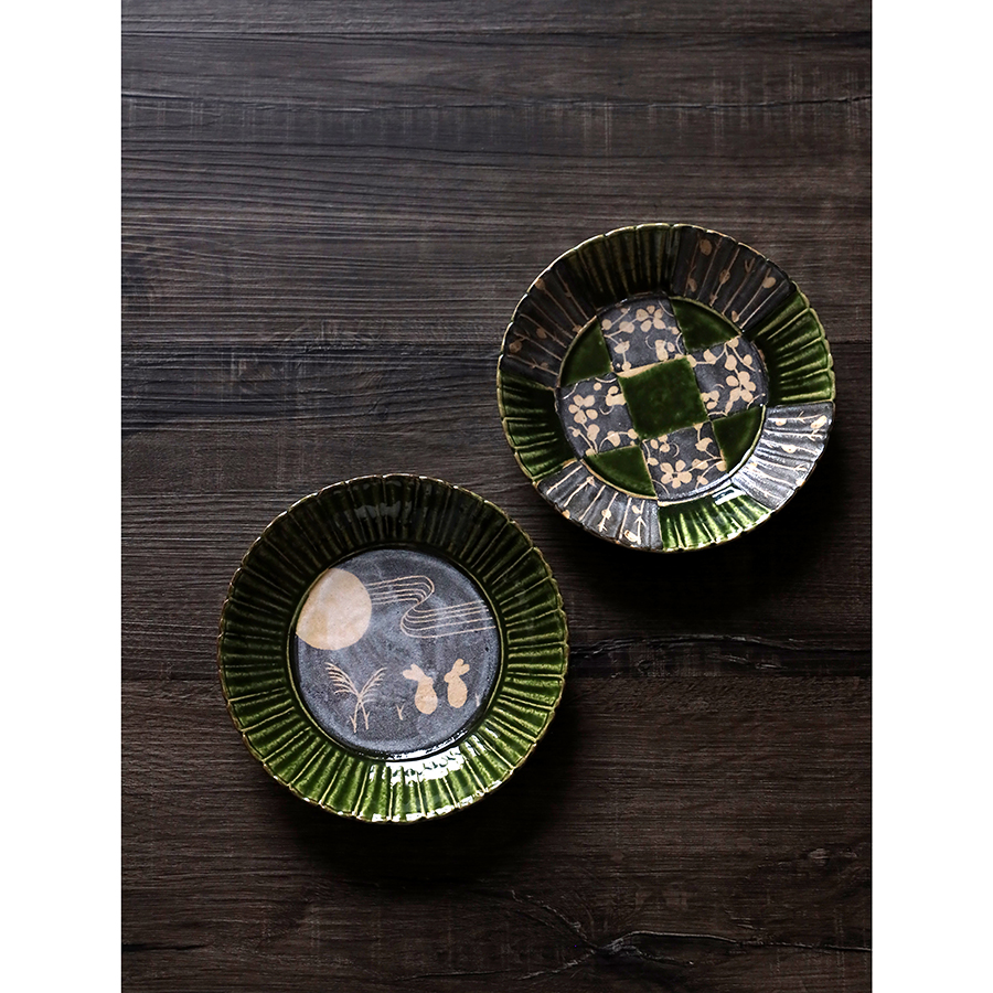 Japan imported Seto-yaki retro style Japanese disc cute little rabbit flower Tang grass hand-painted household plate deep plate