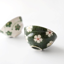 Japan imported Seto-yaki small fresh flower green hand painted ceramic heat-resistant Japanese rice bowl Couple small soup bowl