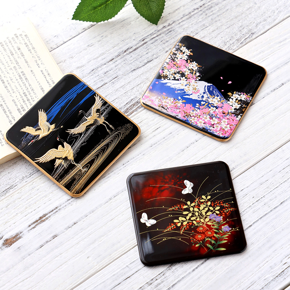 Japan Imports Mountains Lacquer Ware Clouds Crane Cherry Blossom Fuji Mountain Cup Mat Teacup Day Style Thermal Insulation Square Mat Gift Box
