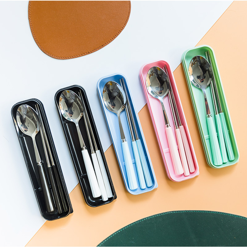 Han Edition Portable Chopsticks Spoon Set One-person Foodware Workplace Stainless Steel Single Student Lovely Collection Box