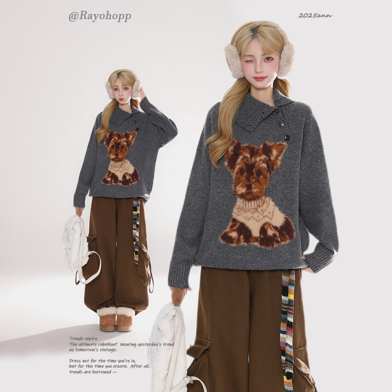 Rayohopp Puppy Jacquard Retro Knitted Sweater for Women 2026 Autumn and Winter New Casual Loose Lazy Top Rayohopp Puppy Jacquard Retro Knitted Sweater for Women 2026 Autumn and Winter New Casual Loose Lazy Top