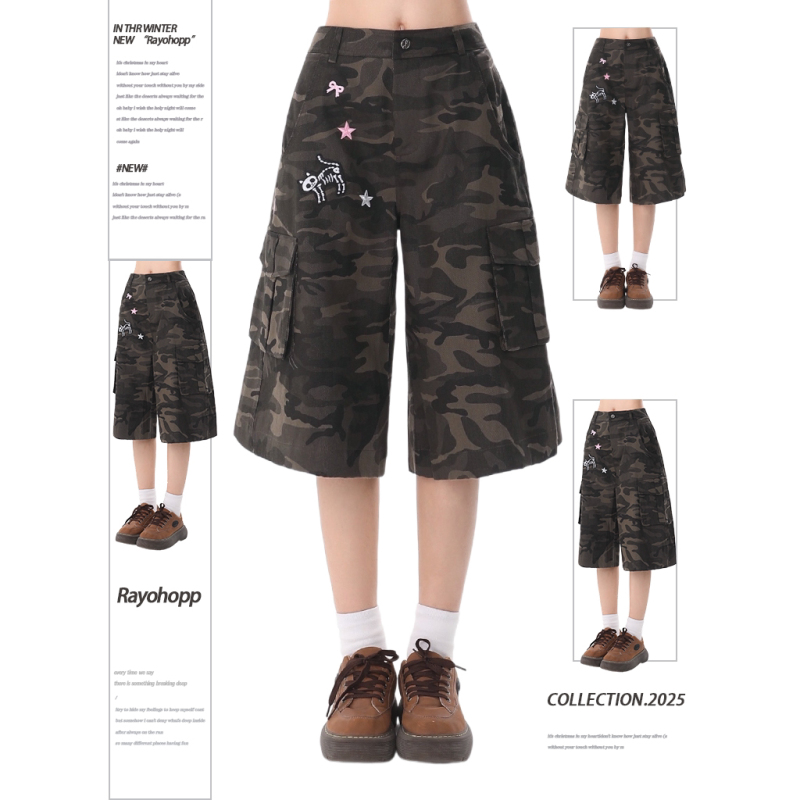 Rayohopp Three-Dimensional Pocket Design Camouflage Cargo Shorts for Women, New Summer American Street Style Loose-Fitting Knee-Length Shorts Rayohopp Three-Dimensional Pocket Design Camouflage Cargo Shorts for Women, New Summer American Street Style Loose-Fitting Knee-Length Shorts