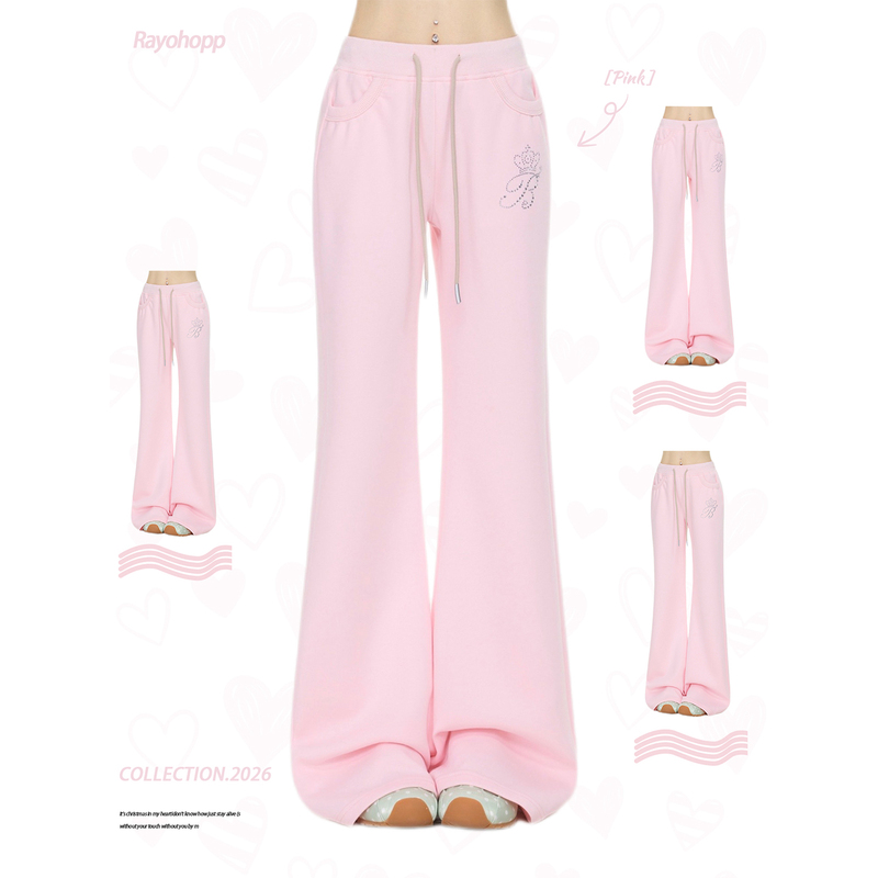 Rayohopp Dopamine Letter Rhinestone Drawstring Flared Sweatpants for Women, New Autumn Style, Loose and Slimming Bell-Bottom Pants