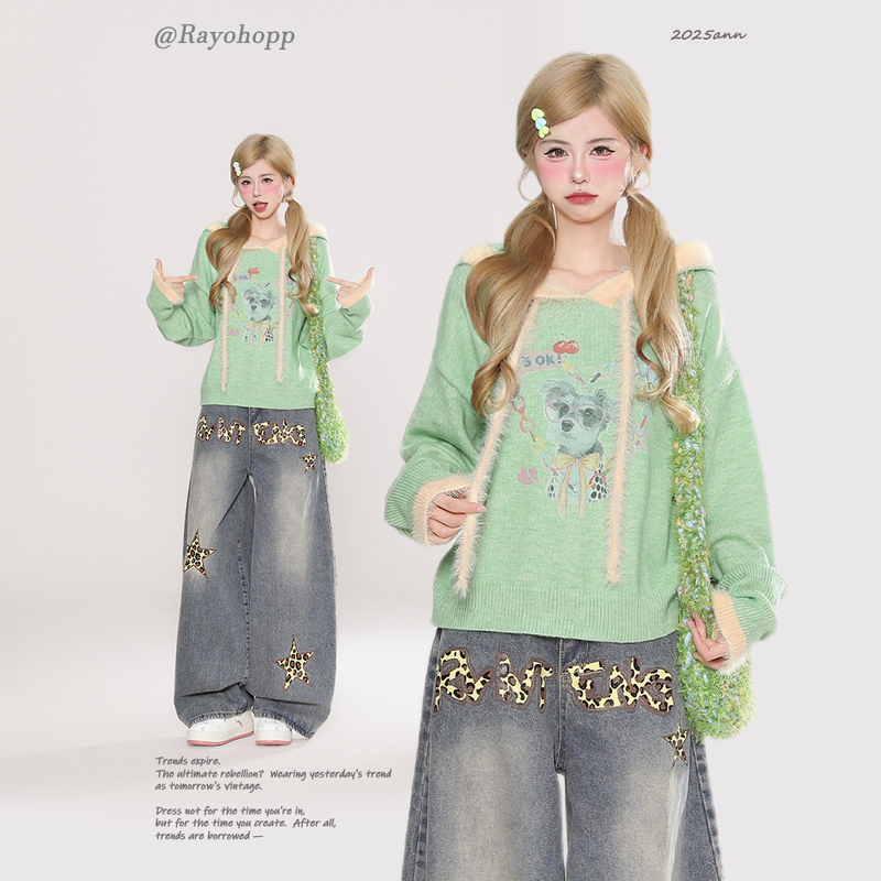 Rayohopp Sweet and Cool Puppy Plush Tie-Up Hooded Knit Sweater for Women 2025 Autumn New Loose Top