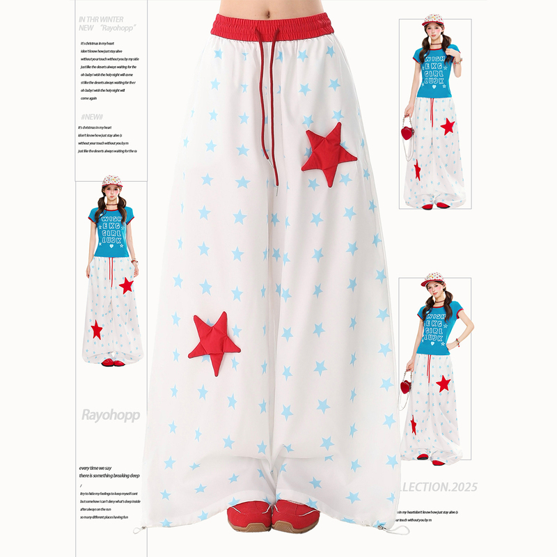 Rayohopp American-Style Dopamine Star All-Over Print Casual Pants for Women, Spring New Slimming Wide-Leg Trousers ins Trendy