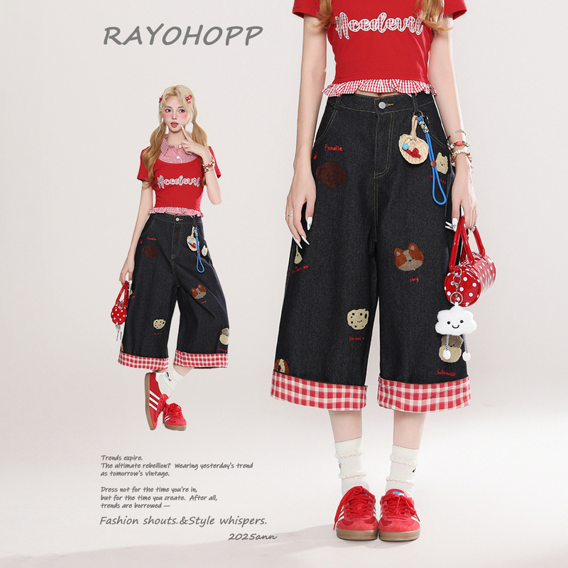 Rayohopp American-Style Embroidered Puppy Rolled-Edge Plaid Denim Shorts for Women, New Summer Casual Wide-Leg Cropped Pants