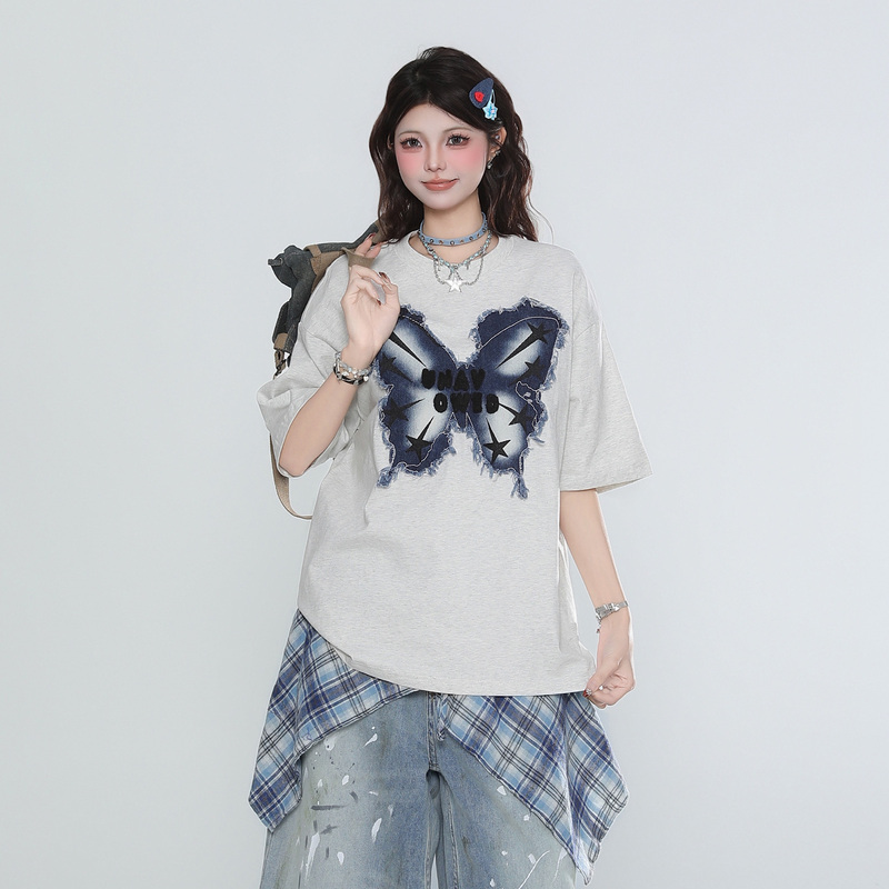 Rayohopp Short-Sleeved T-Shirt for Women, New Summer Style, American Retro Style, Bow Patch Embroidery Design, Loose Top