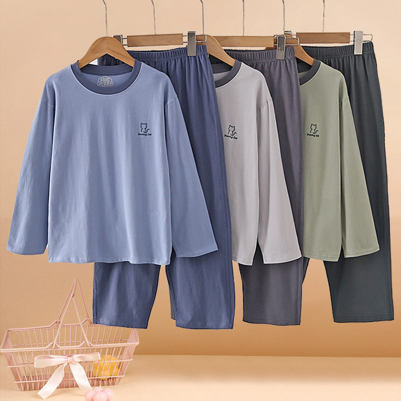 Spring and Summer Thin Lycra Cotton Loungewear Pajama Set for Older Children, Boys' Long-Sleeved Long Pants Air-Conditioned Clothing, Girls' Students