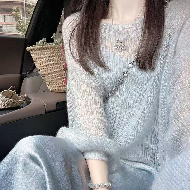 Mohair Knit Sweater for Women, Long-Sleeved, New Spring and Autumn Style, Loose and Casual, Round Neck, Hollow-Out Design, Blue Base Thin Sweater Top