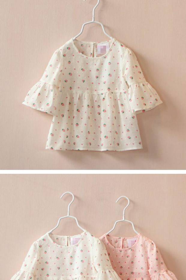[Đặc biệt hàng ngày] cô gái mùa hè áo sơ mi cotton cotton dâu tây kèn áo sơ mi búp bê màu hồng Nhật Bản - Áo sơ mi sơ mi kẻ sọc cá tính cho bé