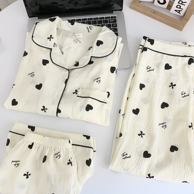 Three-Piece Set of Korean-Style Pure Cotton Pajamas for Women, Summer Cloud Cotton Heart Short-Sleeved Long Pants, Spring and Autumn Sweet Girl Loungewear