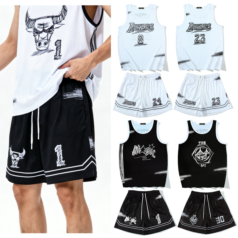American-Style Hand-Painted Tank Top and Shorts Set, Mesh Beach Fitness Basketball Uniform, Quarter-Length Pants, Casual Sports Suit