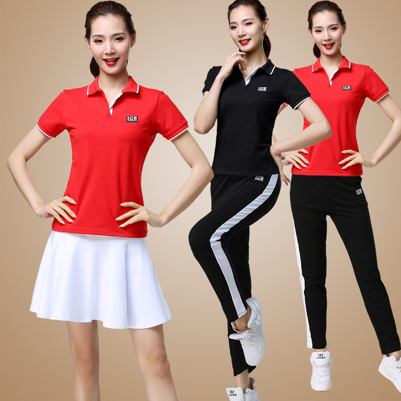 POLO Turn-over Sports Wind New Square Dance Suit Woman Short Sleeve Dancing Fitness Clothing Professional Ball Sports Wear Cotton