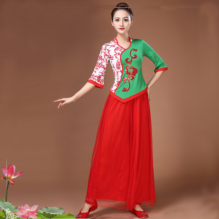Green Flowers Porcelain Square Dance Costumes New Women's Bright Pieces Dance Suit Classical Dance To Serve the Sprouts Songs Dancing to Spring Summer