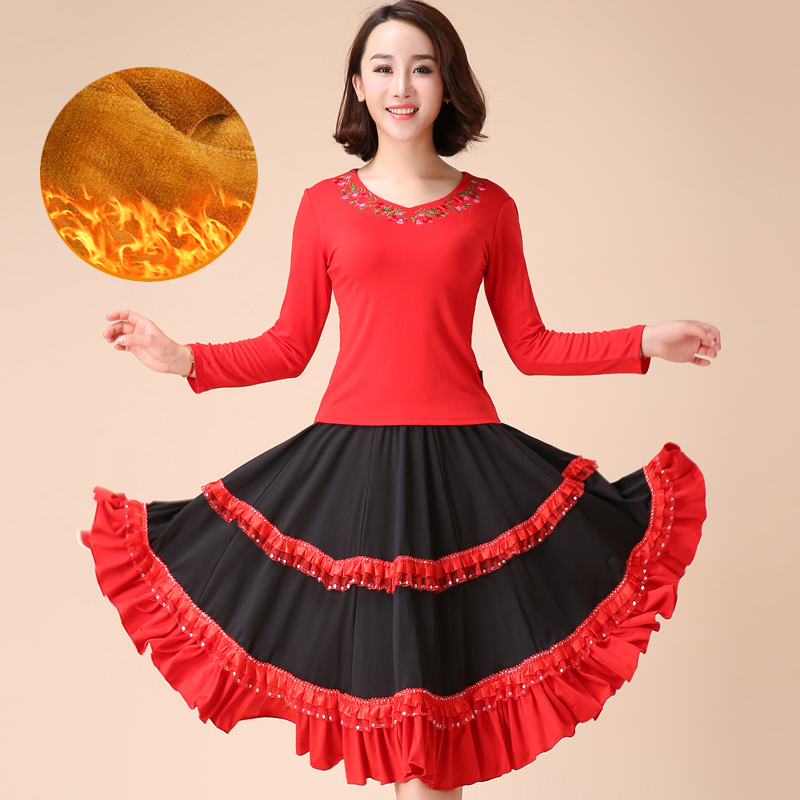 Autumn and winter new square dance costumes plus velvet thickened dance costumes embroidered long-sleeved dance performance costumes for middle-aged and elderly women