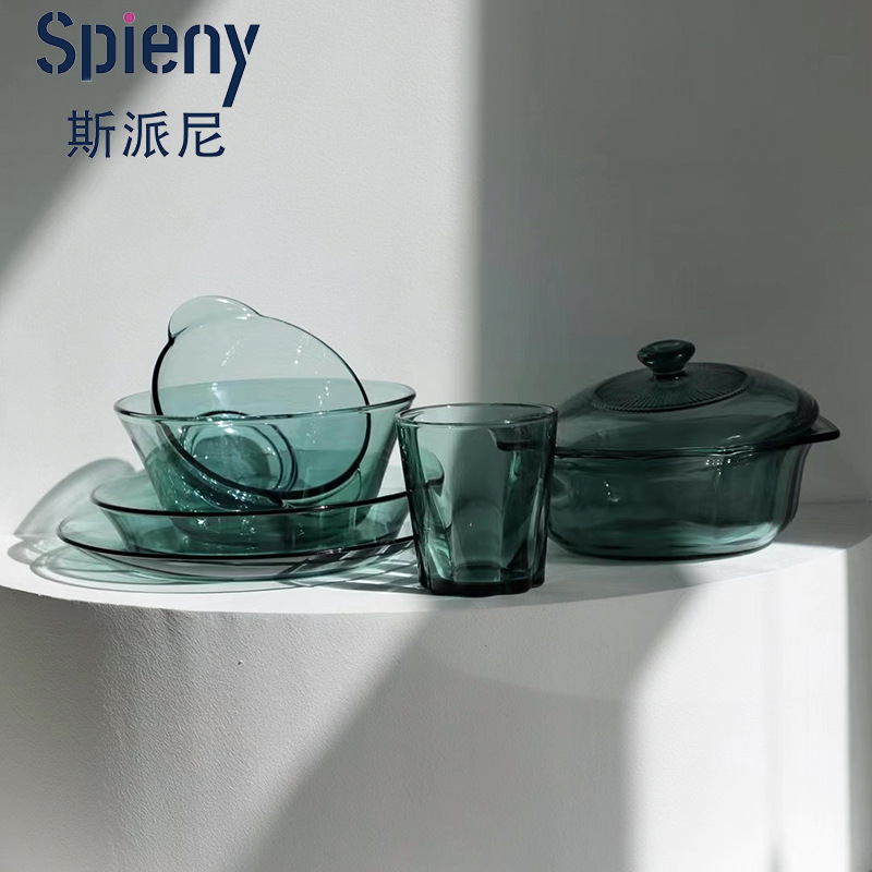 Spini High Borosilicate Glass Tableware Set, Plates, Bowls, Rice Bowls, Noodle Bowls, Baking Pans, Blue, Green, Smoke Gray