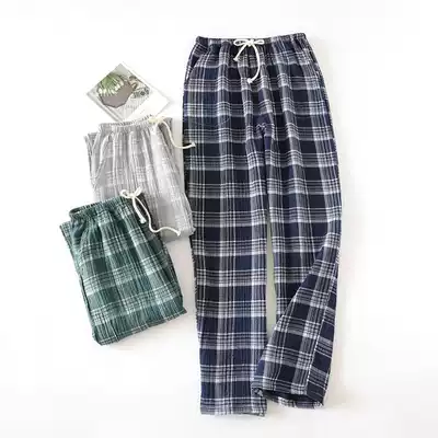 Japanese plaid pajama pants men spring and autumn cotton gauze trousers washed crepe thin loose home pants men kz